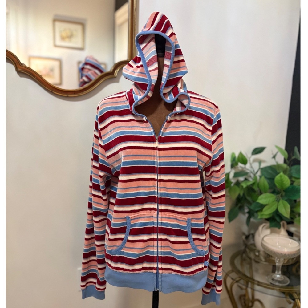 American Eagle y2k Striped Full Zip Hoodie Women's Top With Pockets vintage Lg